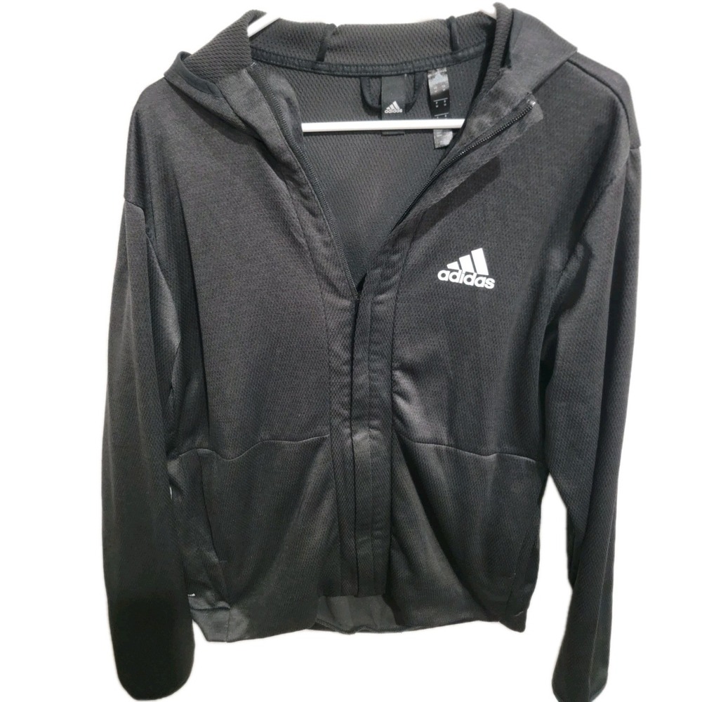 Adidas ID Stadium Full Zip Hoodie Mens L Black Textured Pique Sweatshirt EB3837